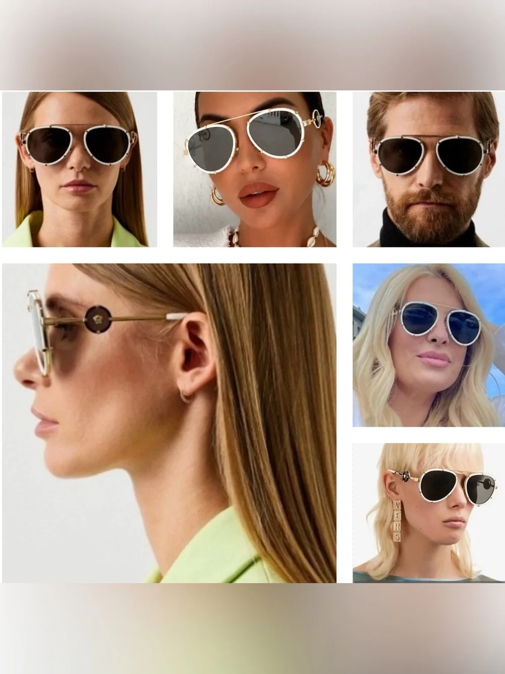 Versace White/Gold Metal Aviator pilot Sunglasses with dramatic logo on temples
